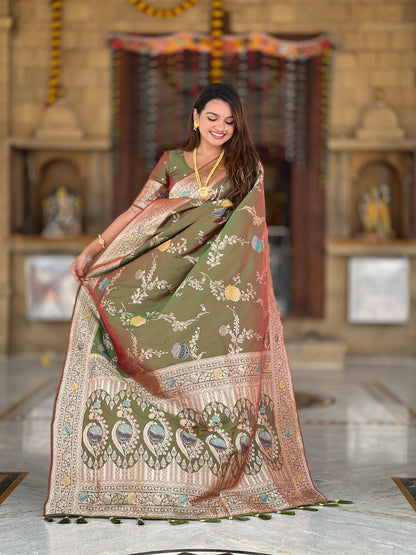 Mehendi Banarasi Silk Saree with Intricate Zari Work