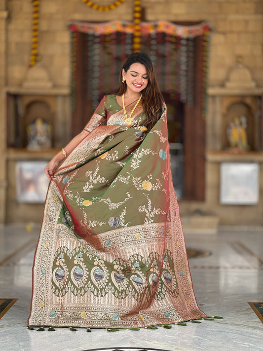 Mehendi Banarasi Silk Saree with Intricate Zari Work