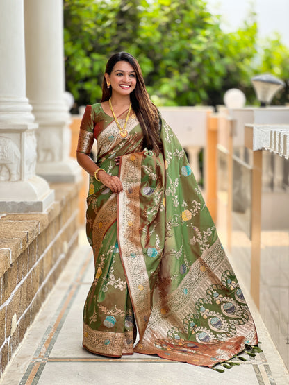 Mehendi Banarasi Silk Saree with Intricate Zari Work