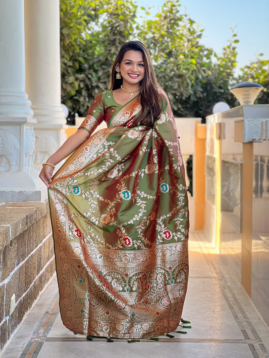 Mehendi Banarasi Silk Saree with Intricate Zari Work