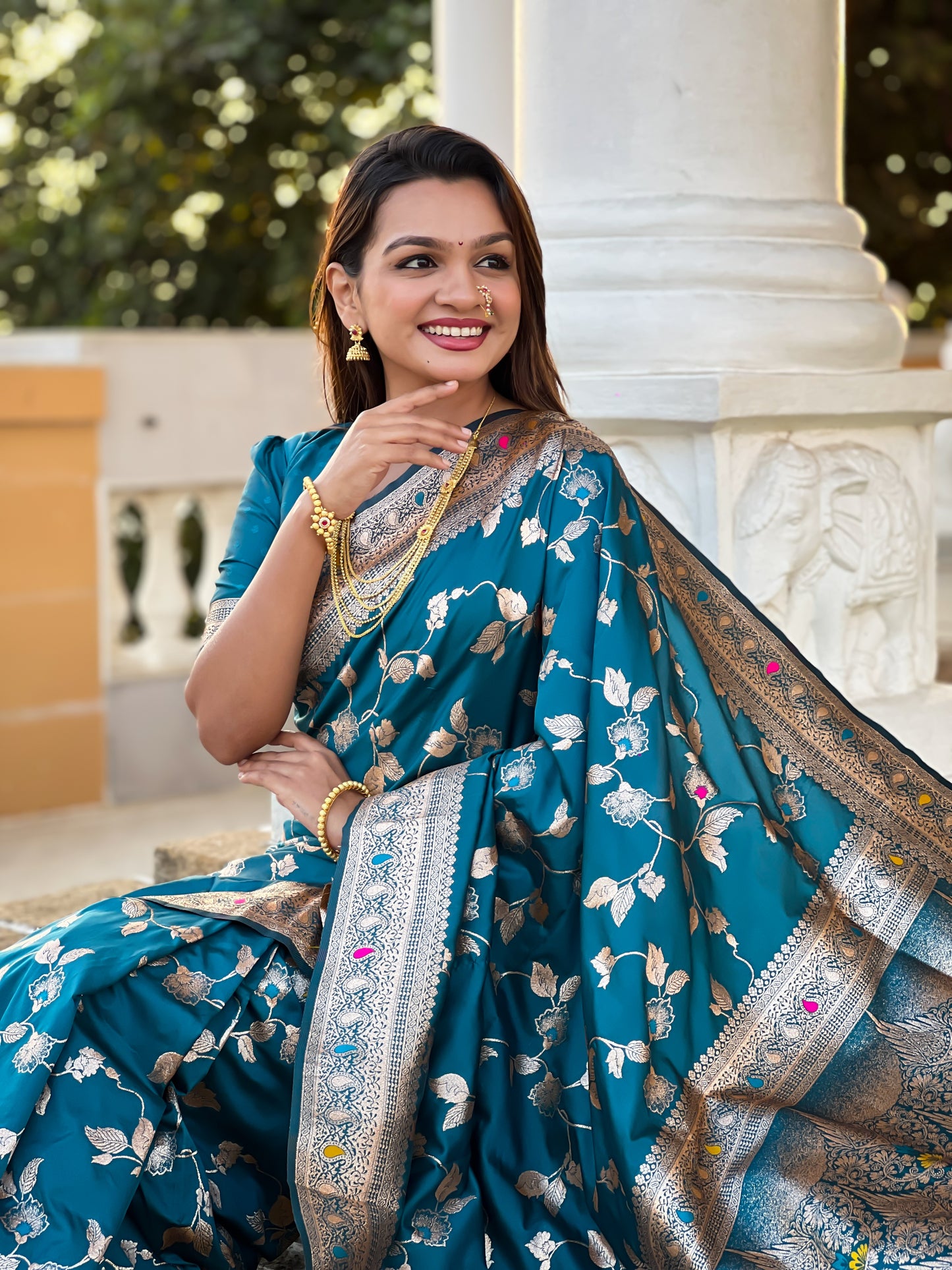 Blue Peacock Feather Banarasi Silk Saree with Intricate Zari Work