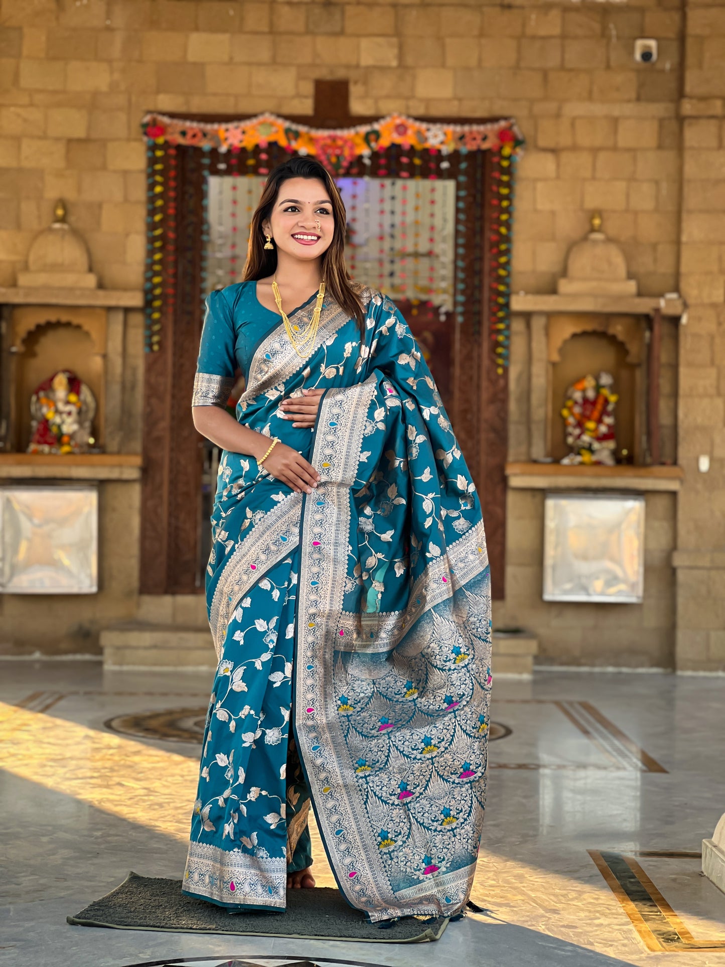 Blue Peacock Feather Banarasi Silk Saree with Intricate Zari Work