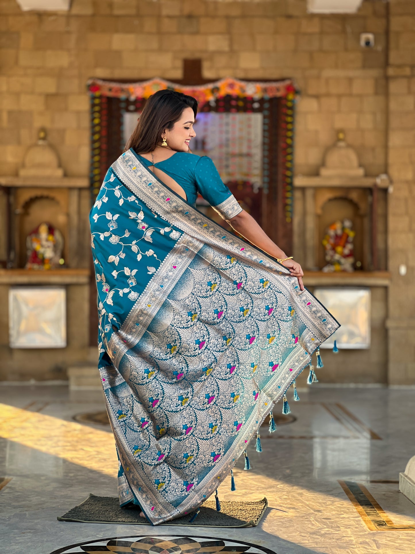 Blue Peacock Feather Banarasi Silk Saree with Intricate Zari Work