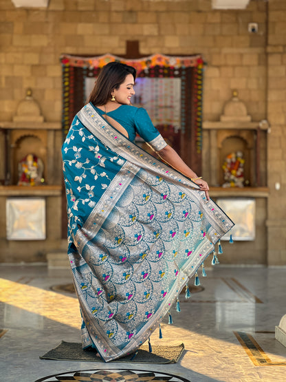 Blue Peacock Feather Banarasi Silk Saree with Intricate Zari Work