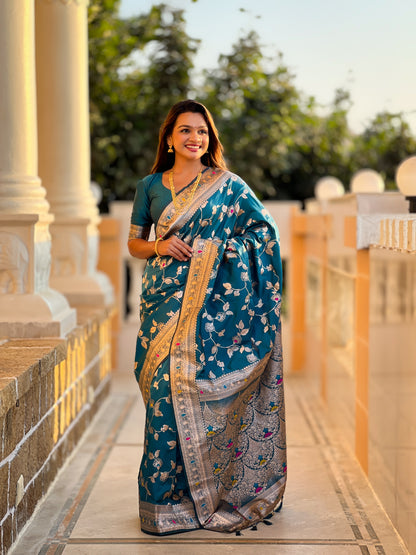 Blue Peacock Feather Banarasi Silk Saree with Intricate Zari Work