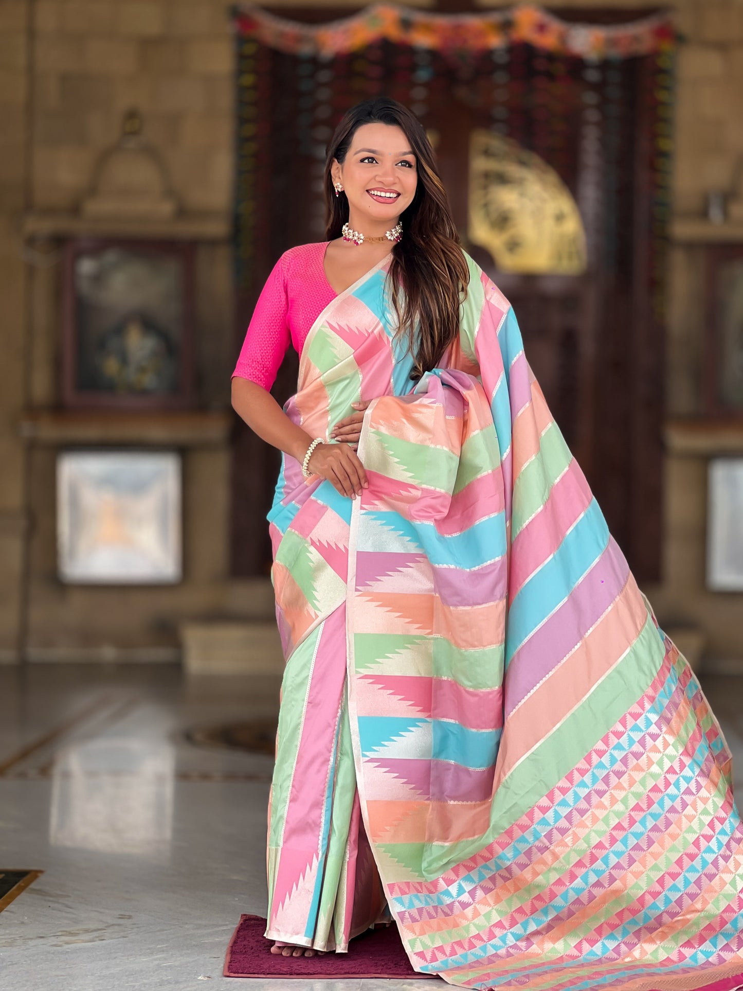 Multi Temple Pure Soft Silk Designer Saree