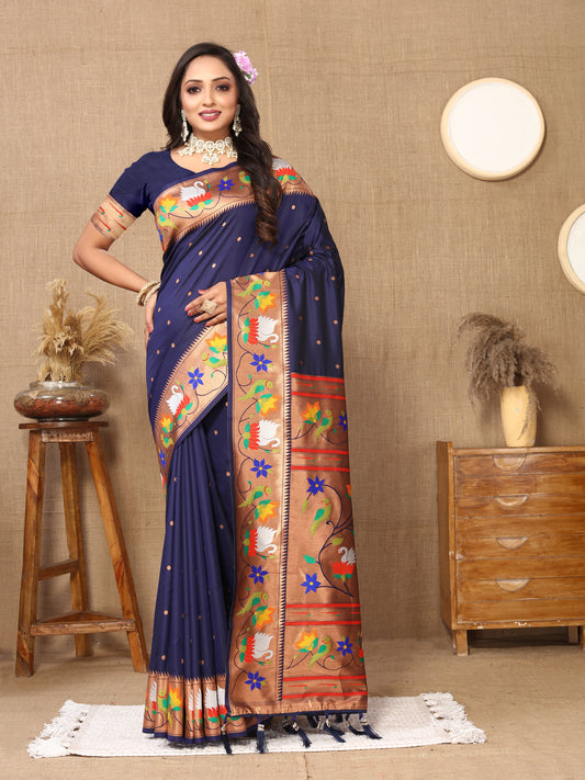 Navy Blue Yeola Style Rajhans Paithani Saree
