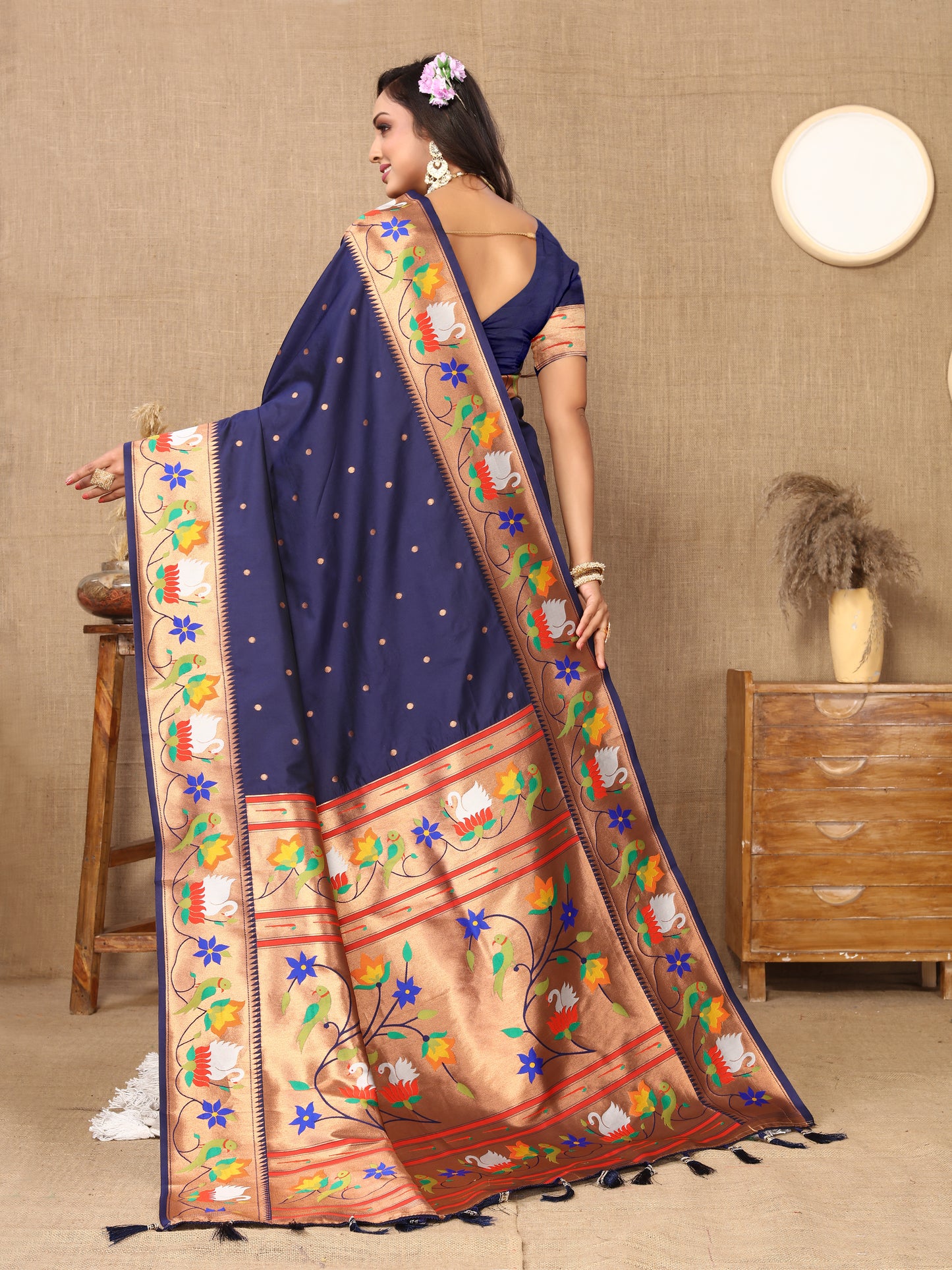 Navy Blue Yeola Style Rajhans Paithani Saree