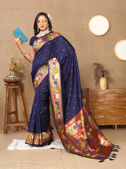 Navy Blue Yeola Style Rajhans Paithani Saree