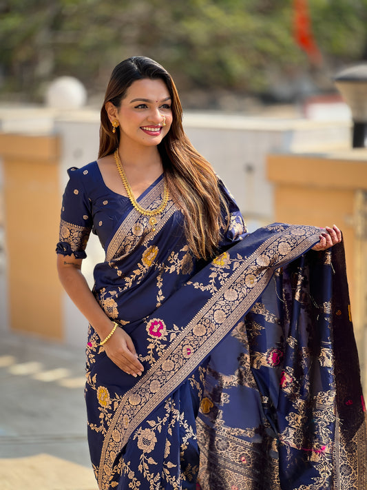 Neavy Blue Banarasi Silk Saree with Intricate Zari Work