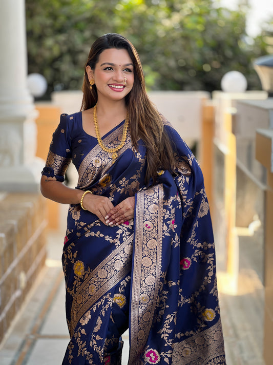 Neavy Blue Banarasi Silk Saree with Intricate Zari Work