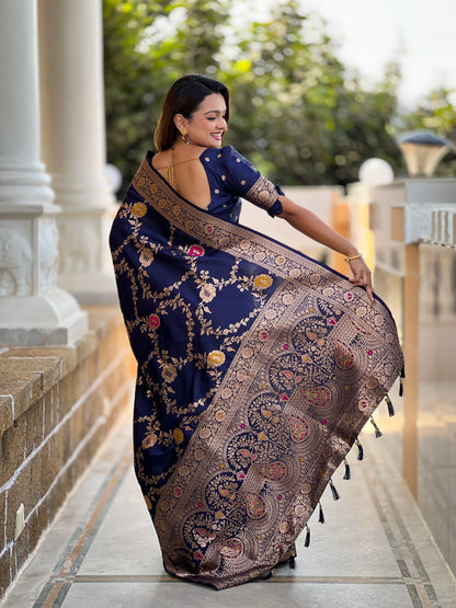 Neavy Blue Banarasi Silk Saree with Intricate Zari Work
