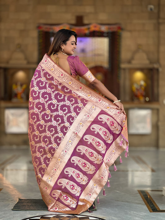 Onion Pink Banarasi Soft Silk Saree