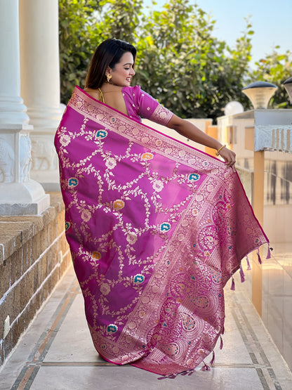 Onion Banarasi Silk Saree with Intricate Zari Work
