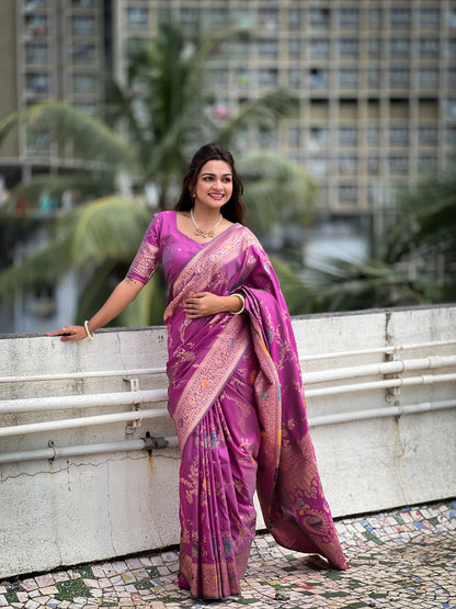 Onion Banarasi Silk Saree with Intricate Zari Work