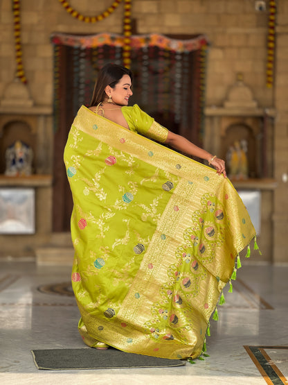 Parrot Green Banarasi Silk Saree with Intricate Zari Work