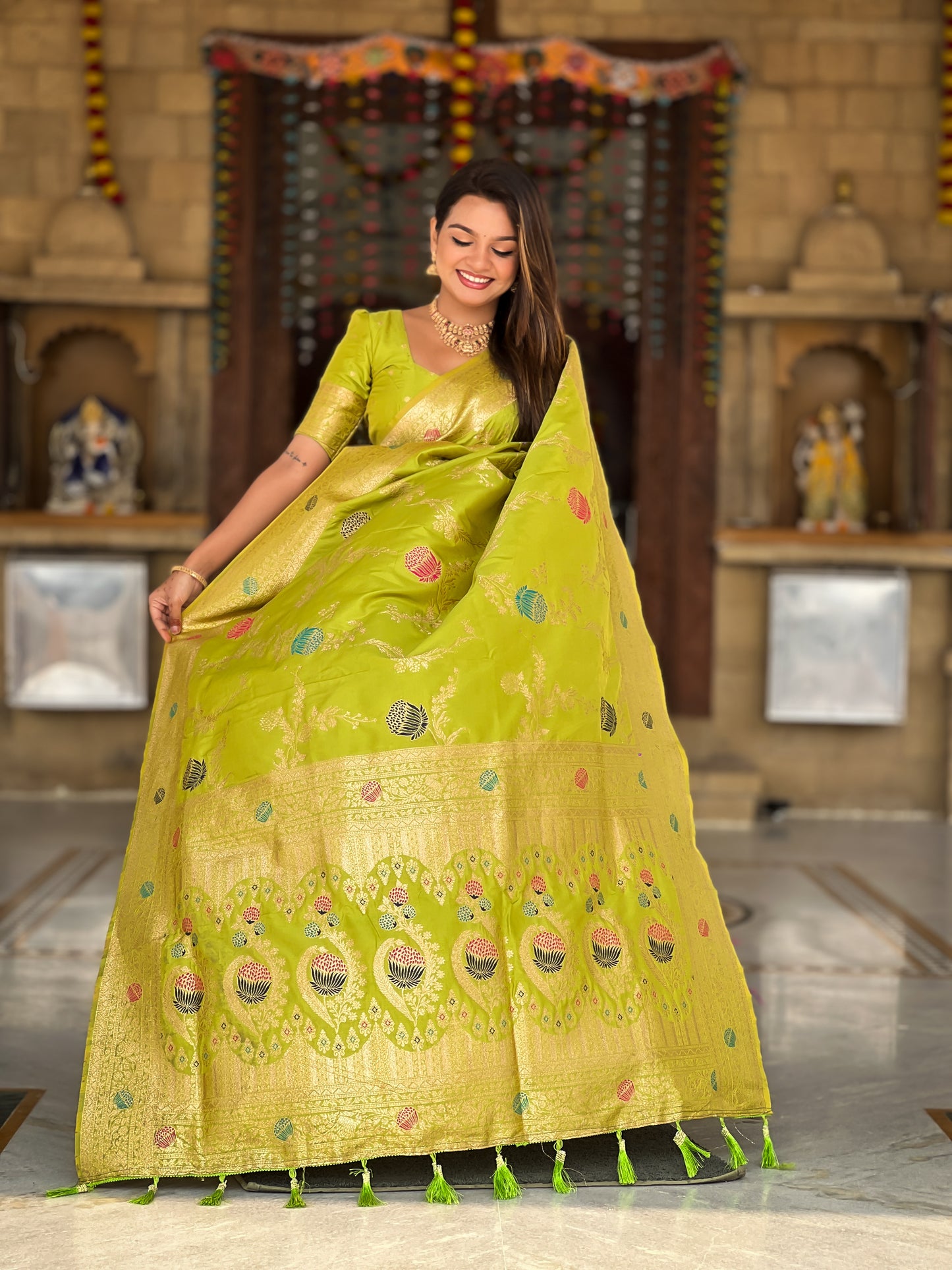 Parrot Green Banarasi Silk Saree with Intricate Zari Work