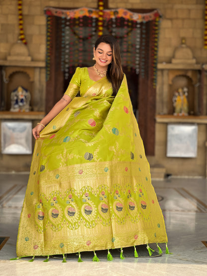 Parrot Green Banarasi Silk Saree with Intricate Zari Work