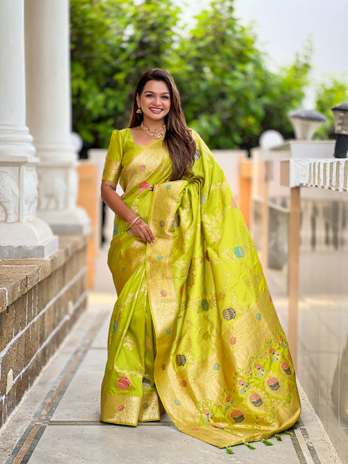 Parrot Green Banarasi Silk Saree with Intricate Zari Work