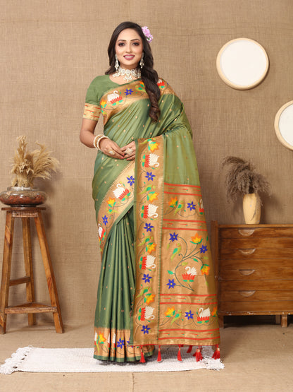 Light Mehndi Style Rajhans Paithani Saree