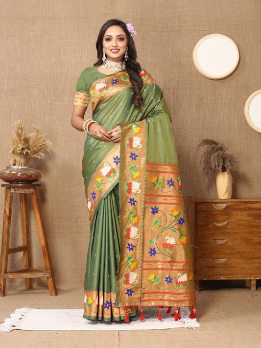 Light Mehndi Style Rajhans Paithani Saree