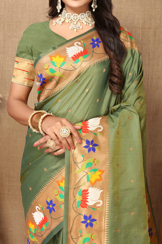 Light Mehndi Style Rajhans Paithani Saree