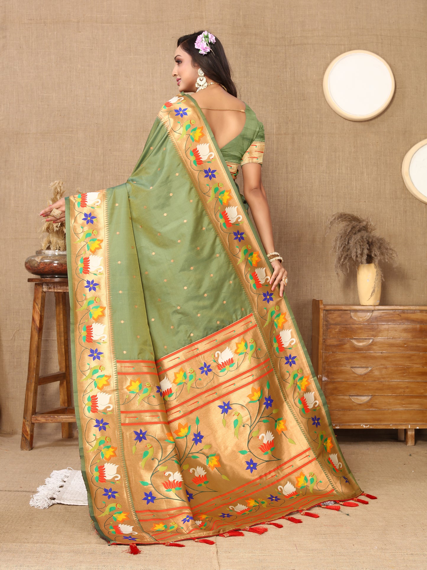 Light Mehndi Style Rajhans Paithani Saree