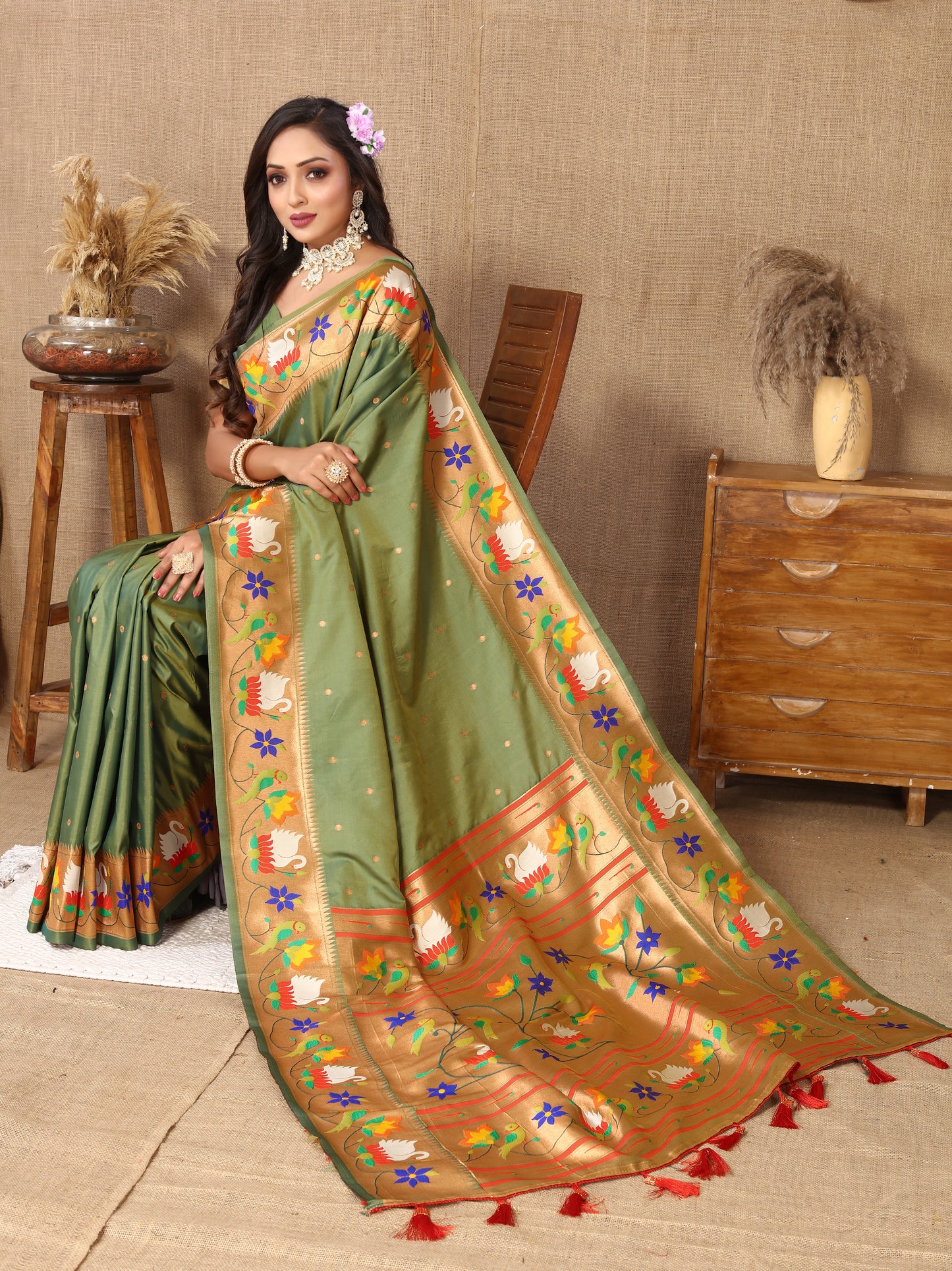 Light Mehndi Style Rajhans Paithani Saree