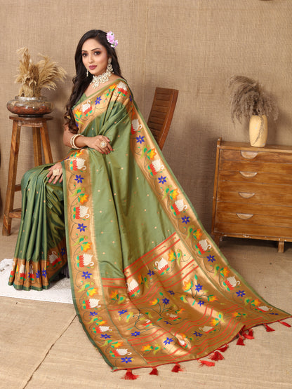 Light Mehndi Style Rajhans Paithani Saree