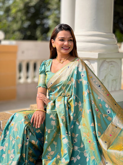 Pista Banarasi Silk Saree with Intricate Zari Work