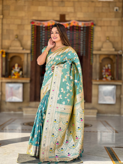 Pista Banarasi Silk Saree with Intricate Zari Work