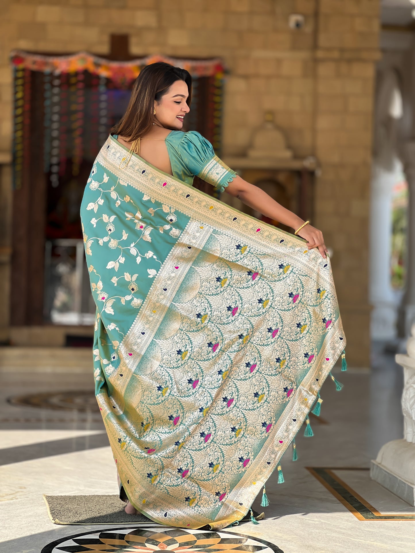 Pista Banarasi Silk Saree with Intricate Zari Work
