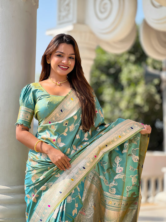 Pista Banarasi Silk Saree with Intricate Zari Work