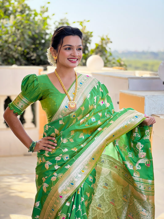 Parrot Banarasi Silk Saree with Intricate Zari Work