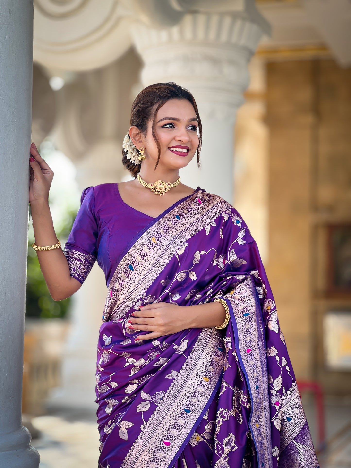 Purple Banarasi Silk Saree with Intricate Zari Work