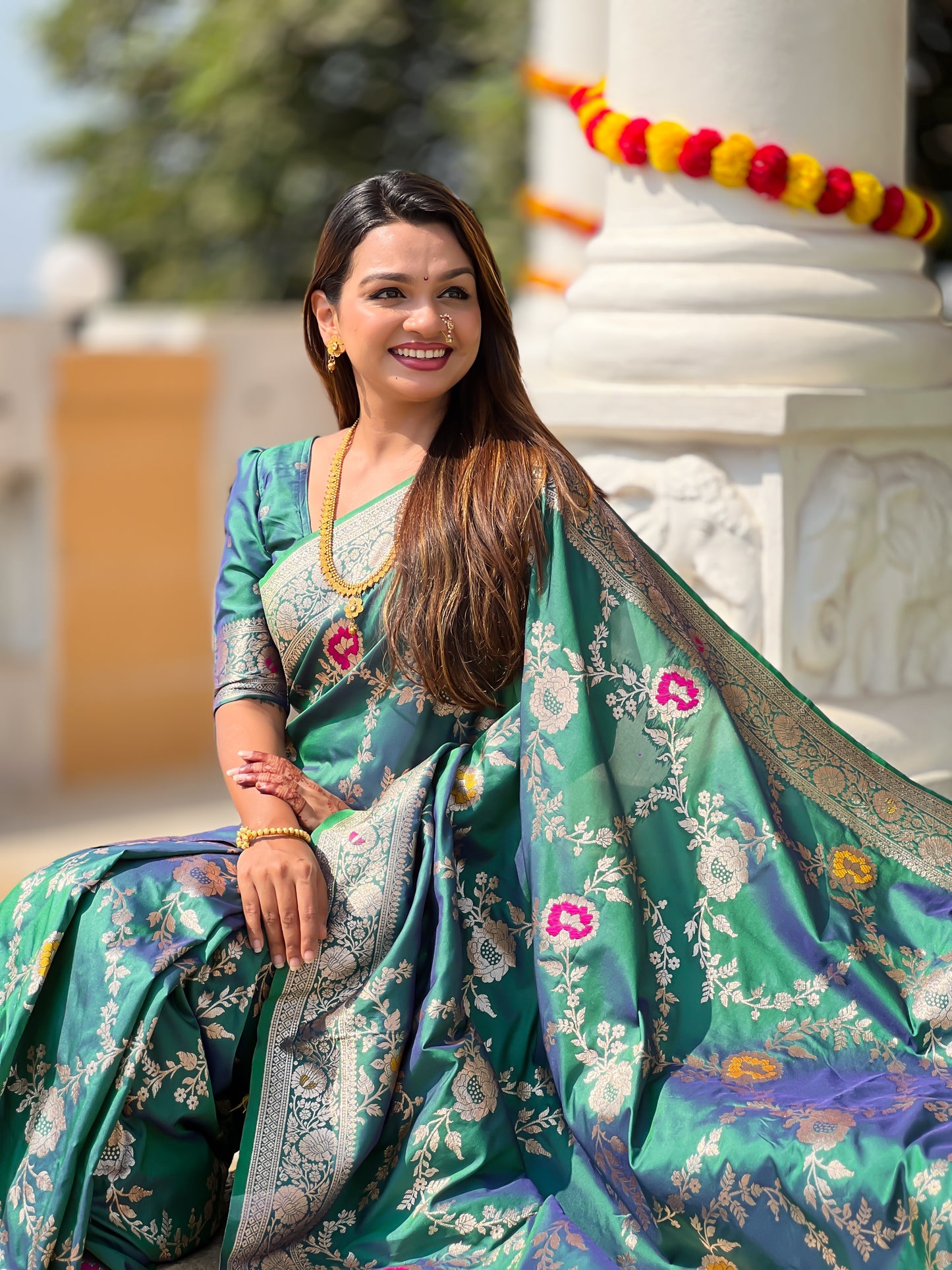 Rama Banarasi Silk Saree with Intricate Zari Work