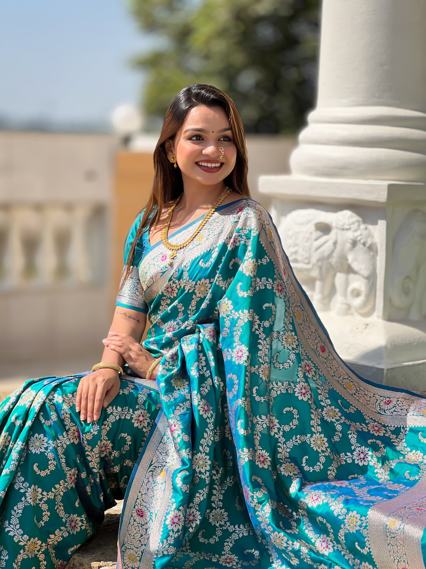 Rama Blue Banarasi Soft Silk Saree