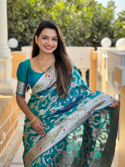 Rama Blue Banarasi Soft Silk Saree