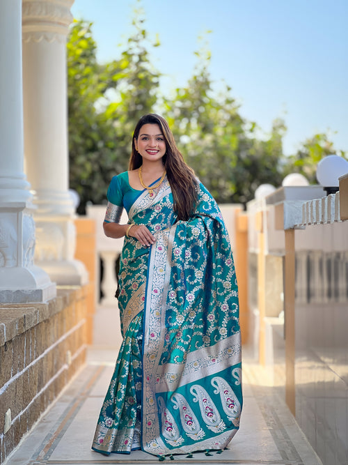 Rama Blue Banarasi Soft Silk Saree