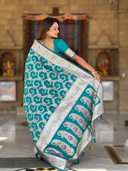 Rama Blue Banarasi Soft Silk Saree
