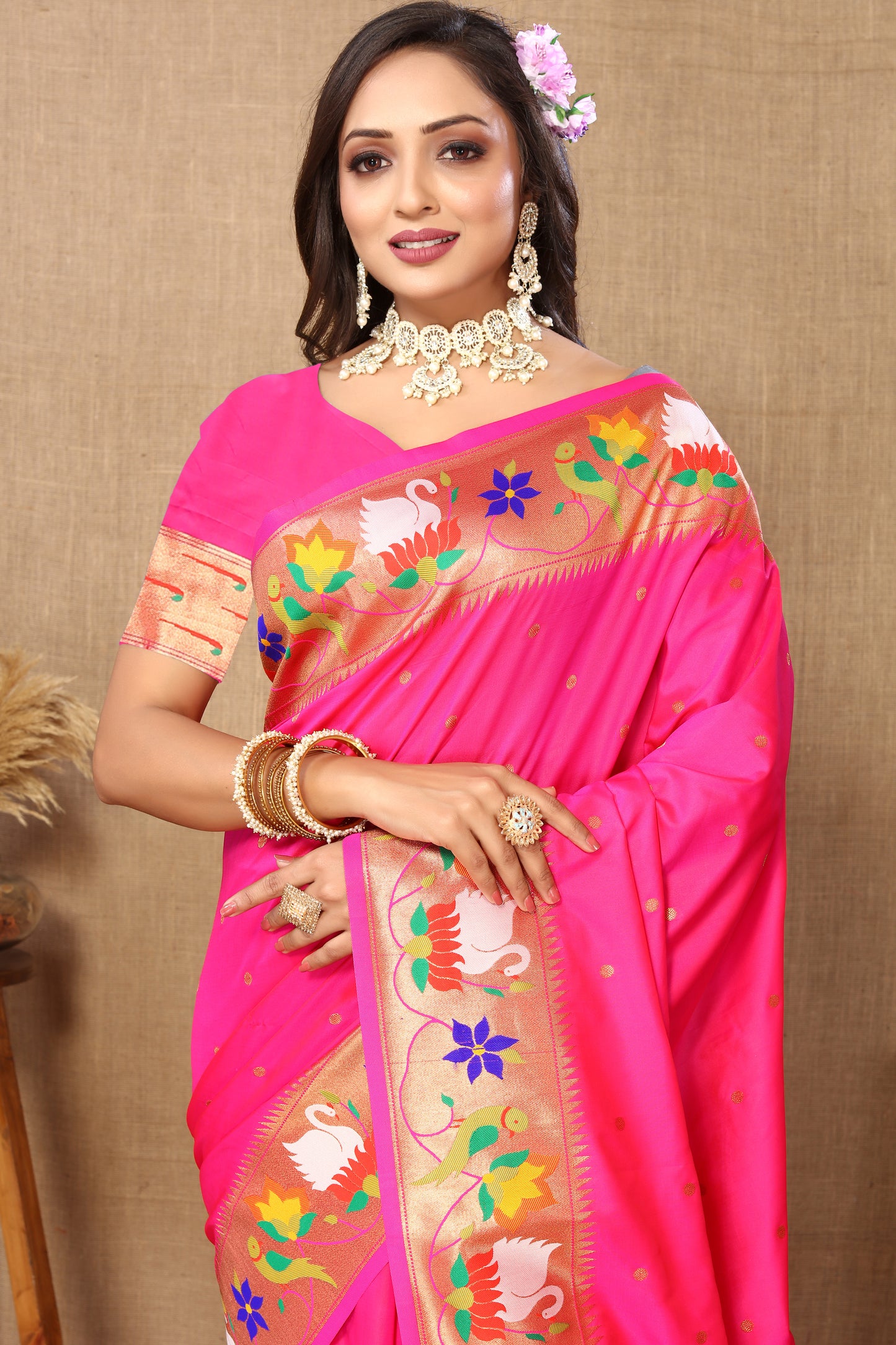Rani Pink Yeola Style Rajhans Paithani Saree