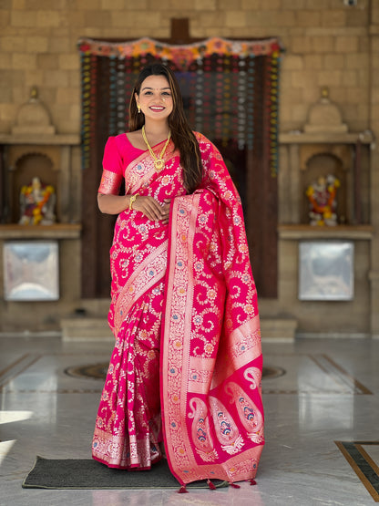 Rani Pink Banarasi Soft Silk saree