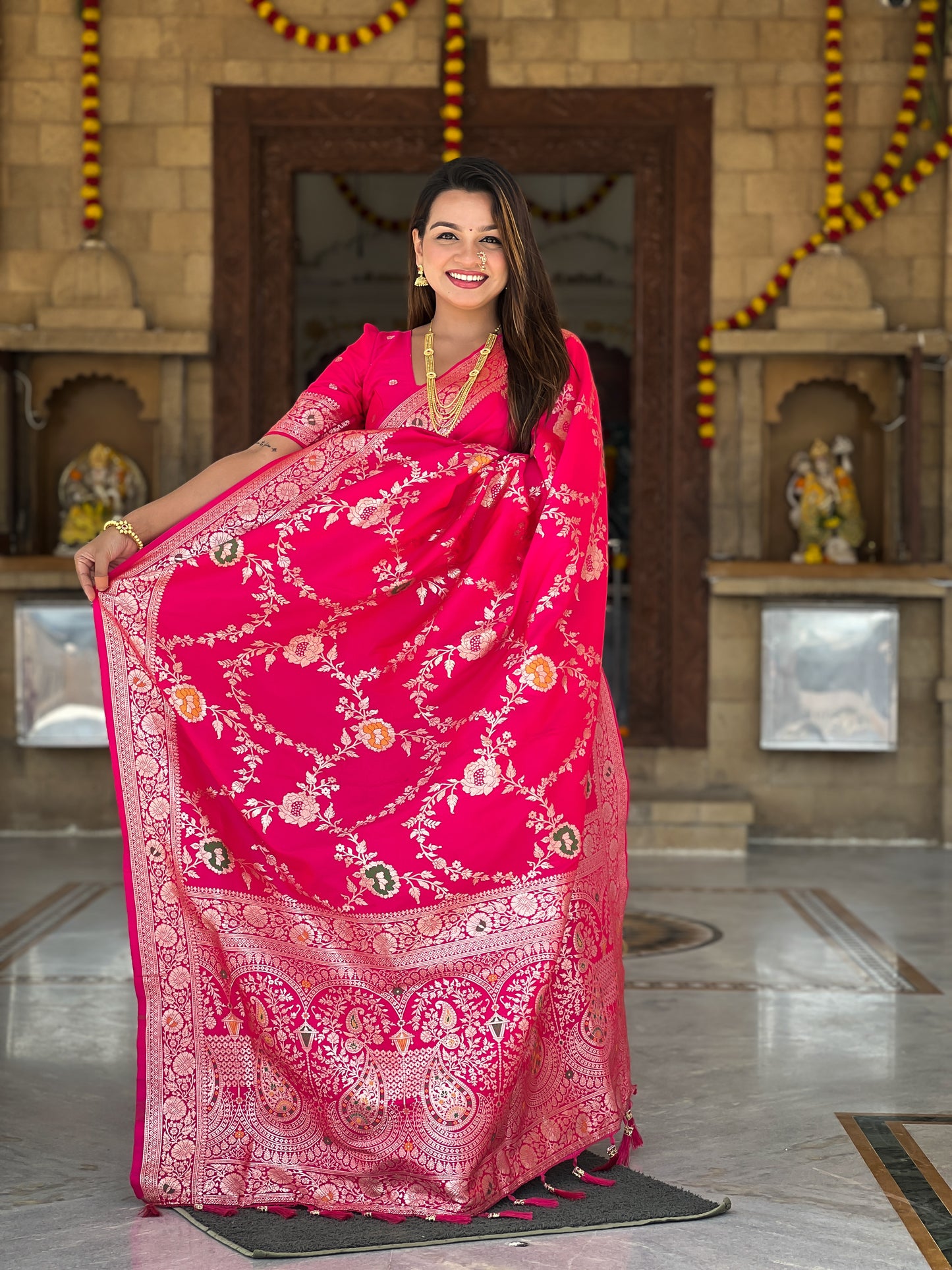Rani Pink Banarasi Silk Saree with Intricate Zari Work