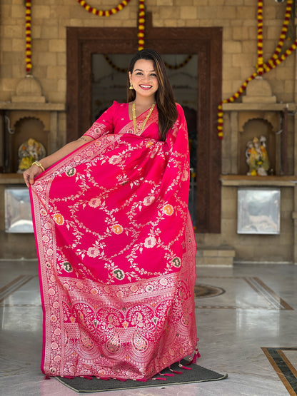 Rani Pink Banarasi Silk Saree with Intricate Zari Work