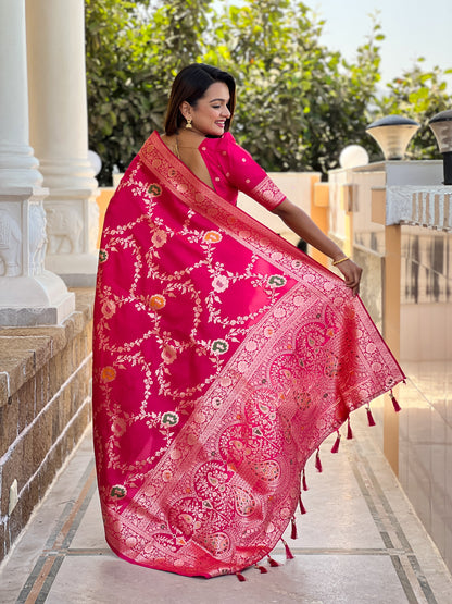 Rani Pink Banarasi Silk Saree with Intricate Zari Work