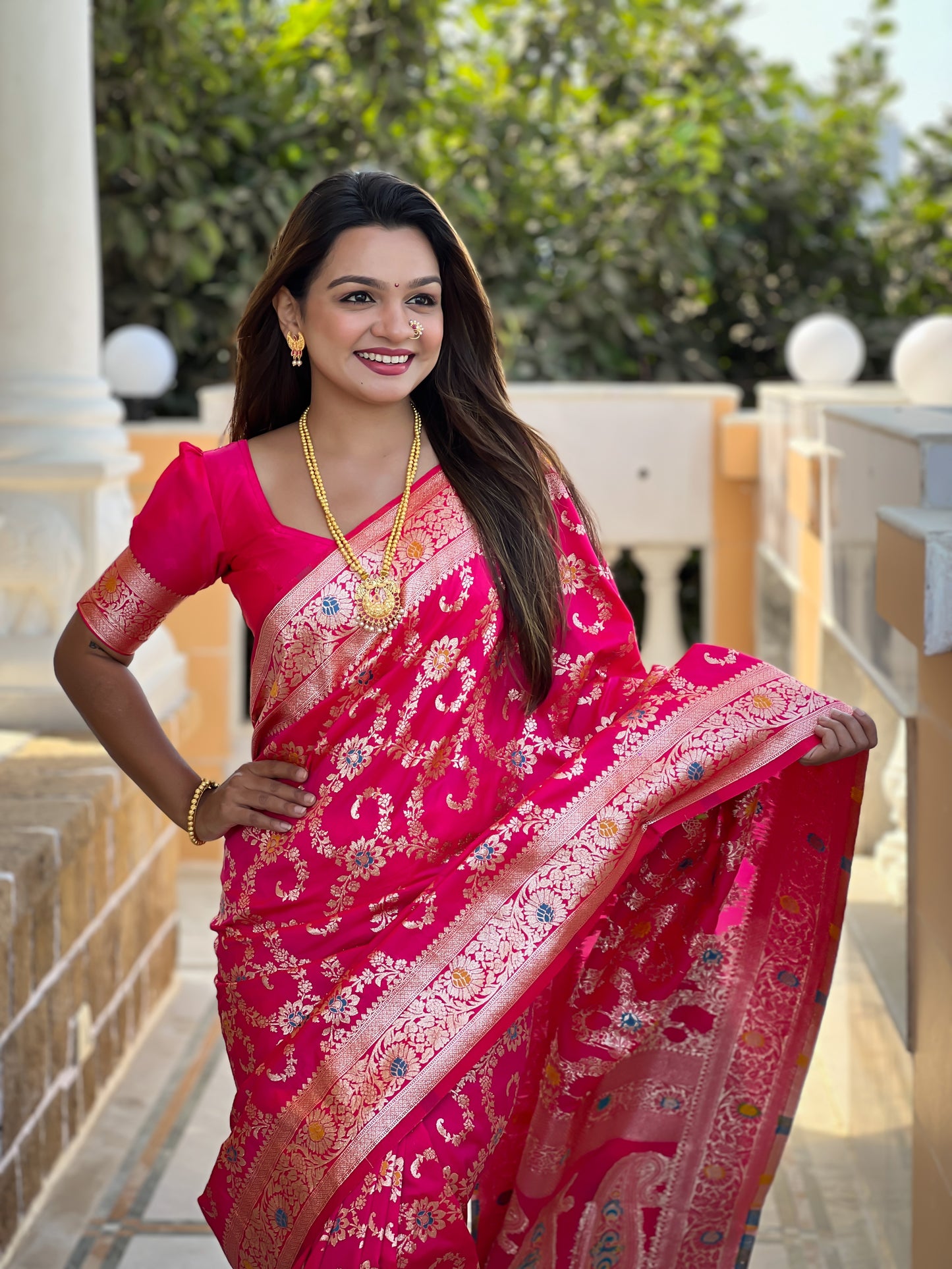 Rani Pink Banarasi Soft Silk saree