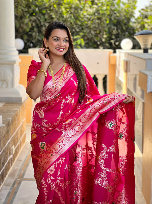 Rani Pink Banarasi Silk Saree with Intricate Zari Work