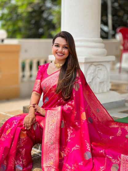 Rani Pink Banarasi Silk Saree with Intricate Zari Work