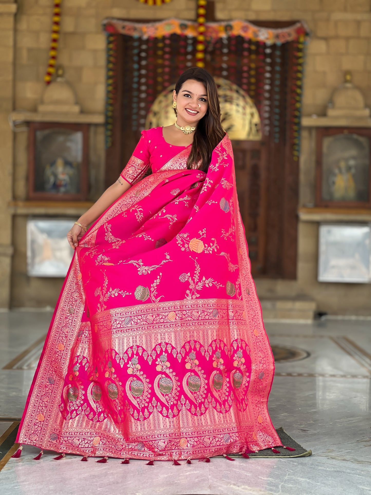 Rani Pink Banarasi Silk Saree with Intricate Zari Work