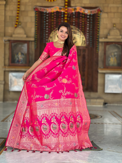 Rani Pink Banarasi Silk Saree with Intricate Zari Work
